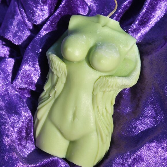 Female Form Nude Torso Green Angel Wing Candle - Picture 11 of 12